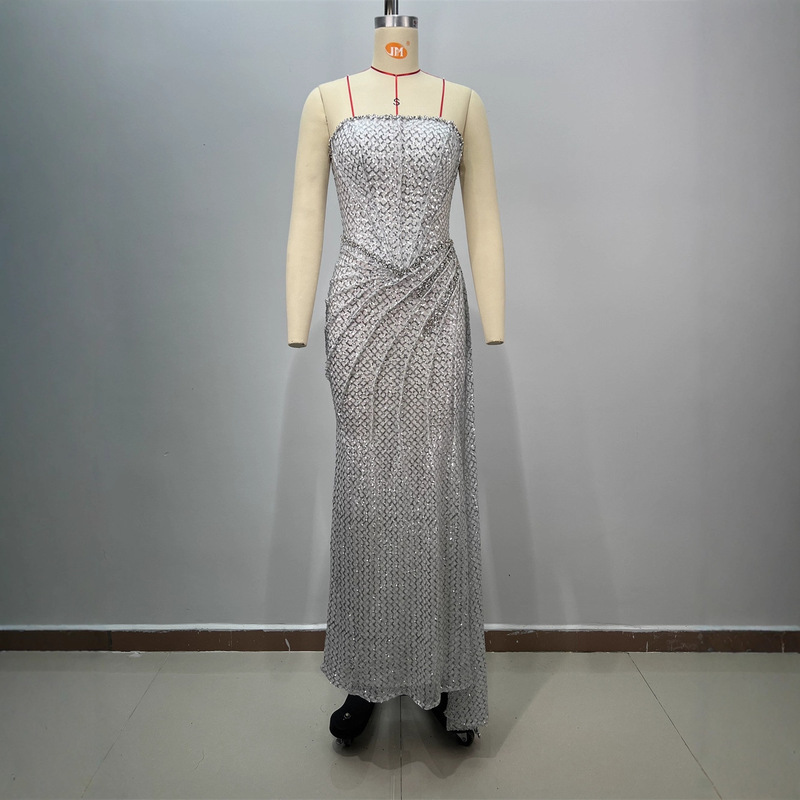 Silver Slimming Sleeveless Backless Tube Top Slim Fit Sequin Pleated Tight Long Floor-Length Hip-Hugging Dress