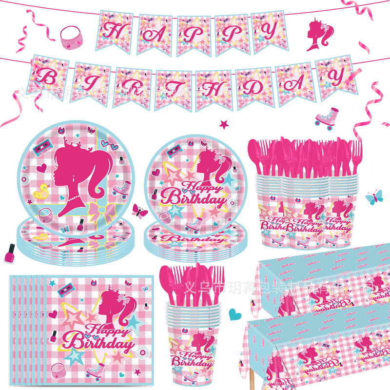 New Rose Red Barbie Girls Party Tableware Set Disposable Paper Plates Napkins Paper Cups Party Essentials Birthday