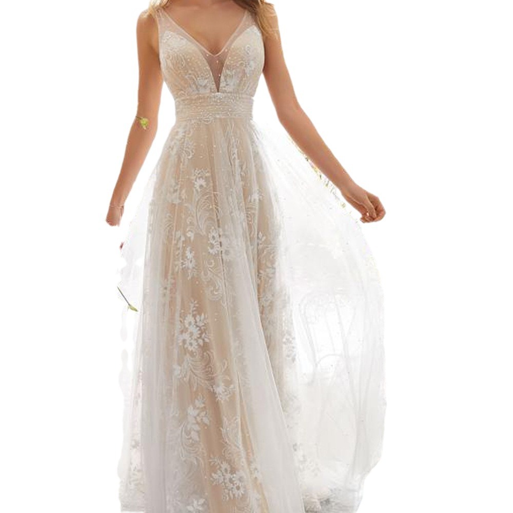 Nuevo Vestido de Novia 2026 para Comercio Exterior Europeo y Americano, Vestido de Novia Sexy con Cuello en V y Encaje sin Mangas, Estilo Amazon