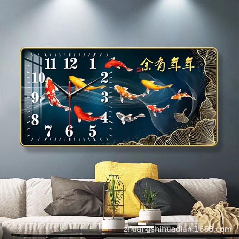 2023 nuevo restaurante pintura decorativa reloj luz comedor de lujo Fondo colgante de pared pintura cálida sala de estar reloj mural de Cristal