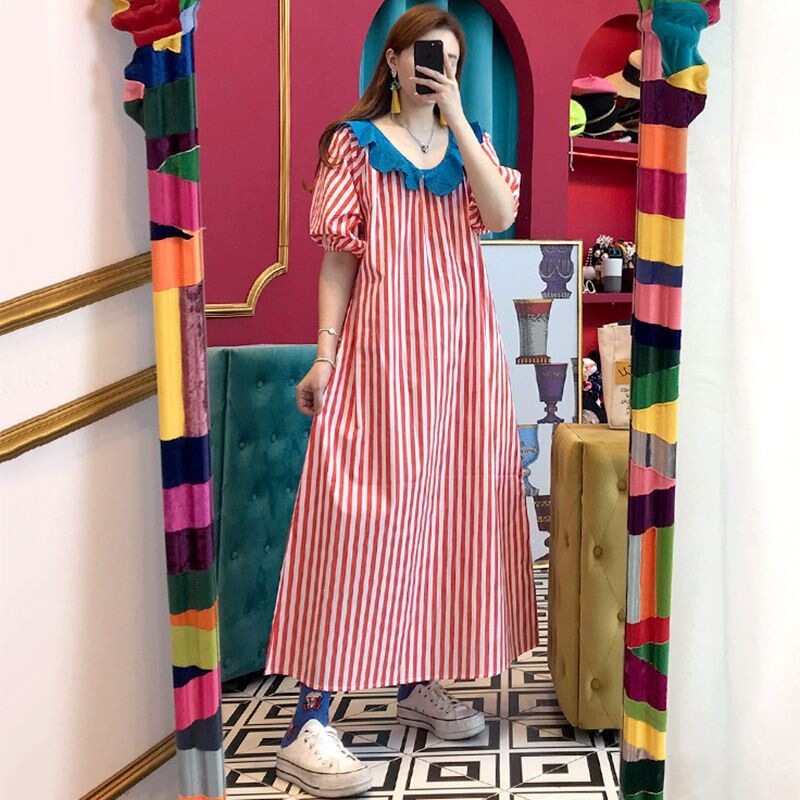 1.0-150kg Youthful and Stylish Doll Collar Dress with Lace Embellishments, Loose Puff Sleeves, Long Flared Striped Dress 1.0-150kg Youthful and Stylish Doll Collar Dress with Lace Embellishments, Loose Puff Sleeves, Long Flared Striped Dress