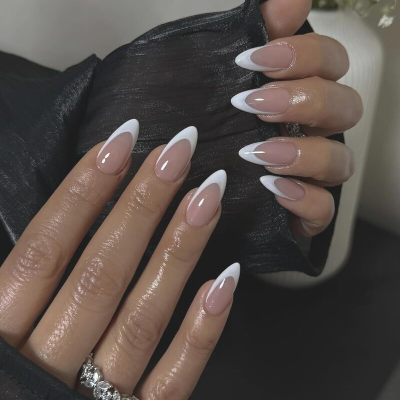 24Pcs White French Tip Press-On Nails Almond-Shaped Fake Nails Full Cover Glossy Nude Color Factory Direct Sale