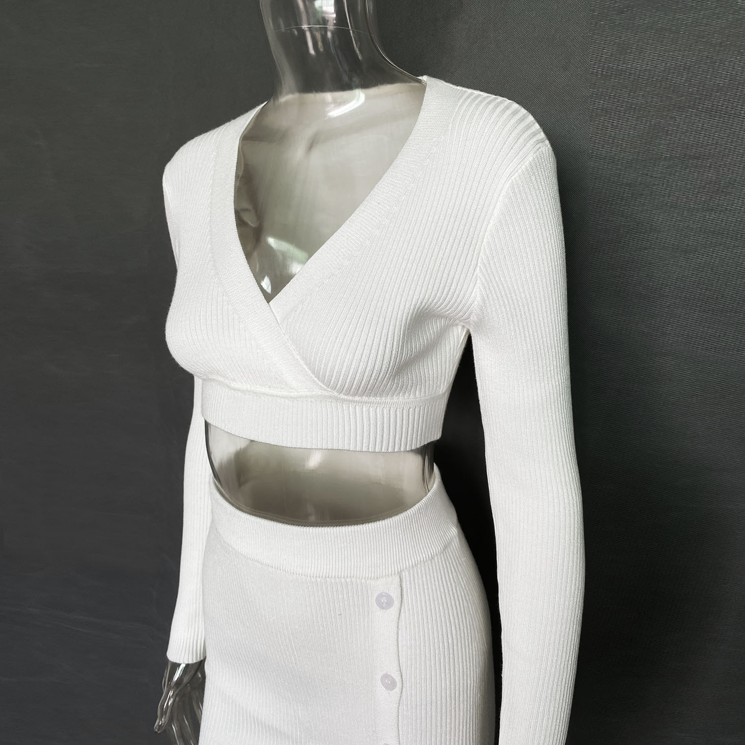 Women's Clothing Slit Sweater Dress Deep V High Elastic Wool Sweater Suit_voghion.com