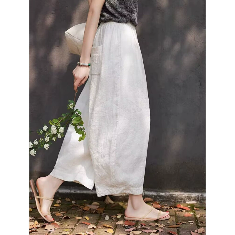 Летние новые корейские модные однотонные простые эластичные в талии стильные свободные повседневные универсальные укороченные брюки 2025 года