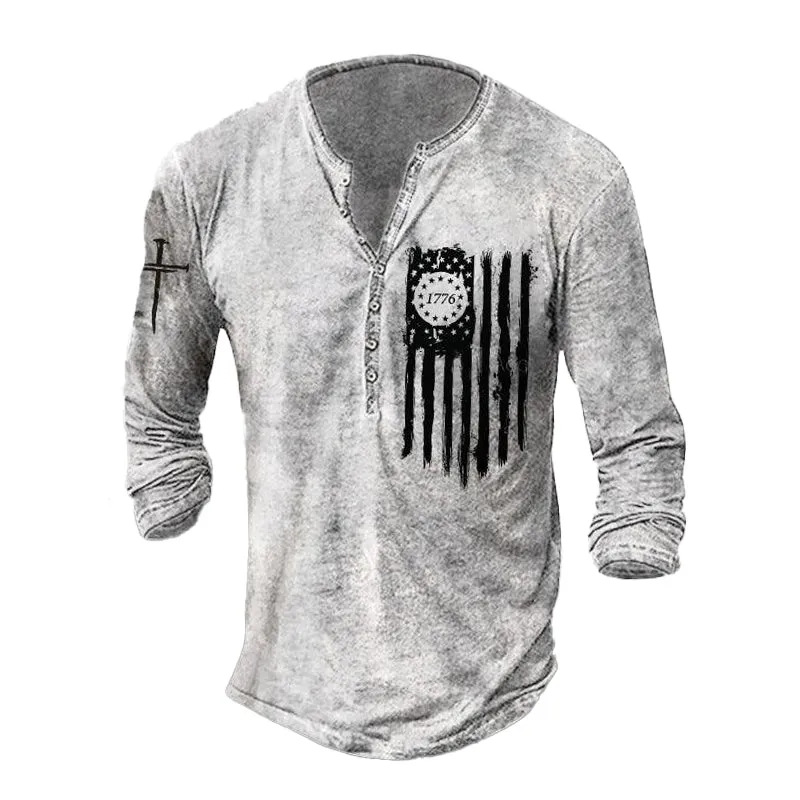 Nueva camiseta transfronteriza de manga larga con cuatro botones de Amazon Templar Impresión 3D Cross Legion imitación algodón pull rack manga larga T