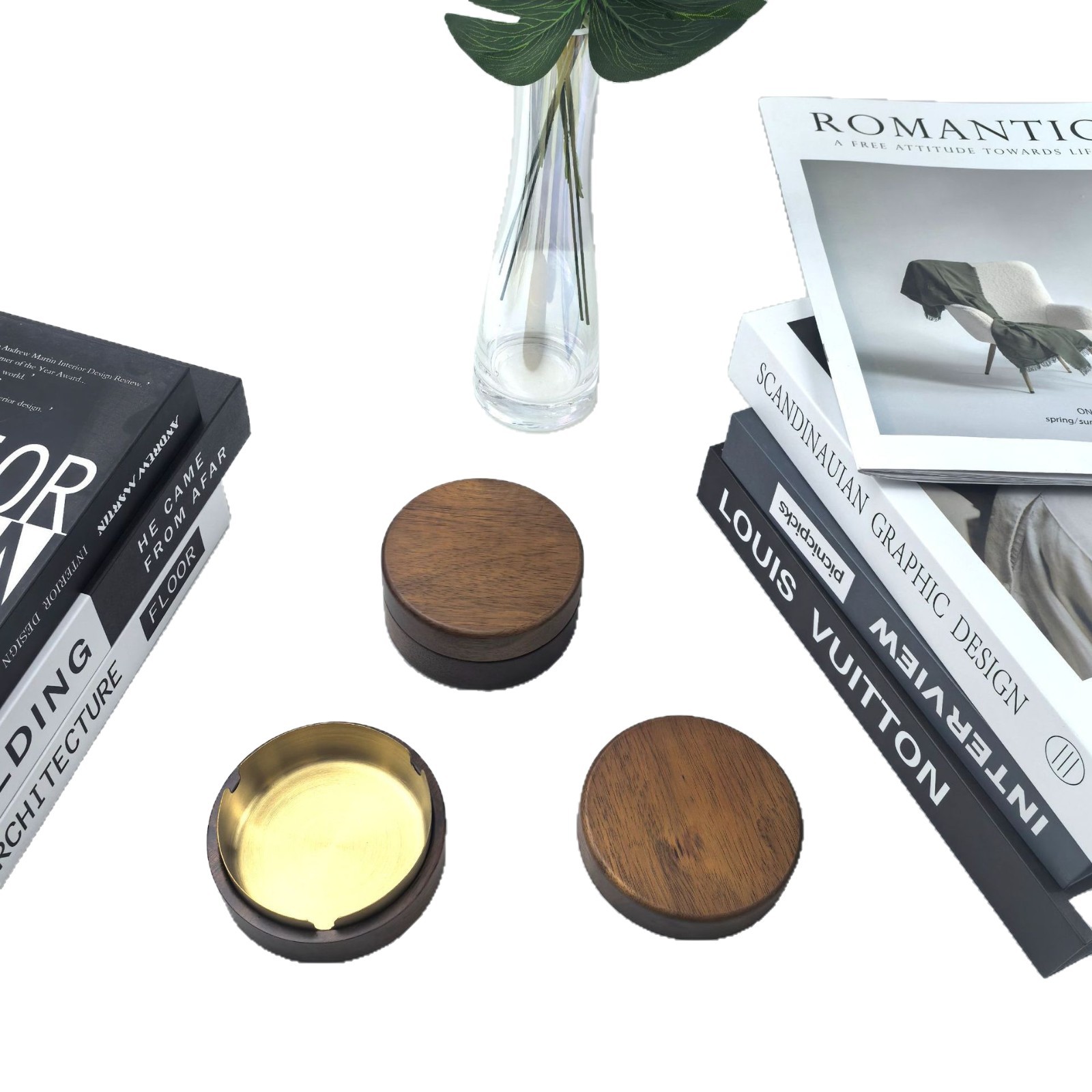 Cenicero de madera maciza de color nogal de madera de acacia sala de estar para el hogar con cubierta de madera a prueba de polvo volador oficina creativa estilo redondo de madera