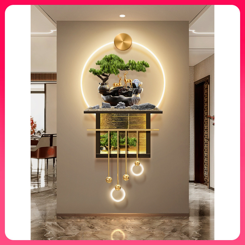 ✅Nueva pintura decorativa de entrada de pino de bienvenida al estilo chino Podocarpus ciprés pasillo lámpara de pared agua corriente para ganar dinero en casa