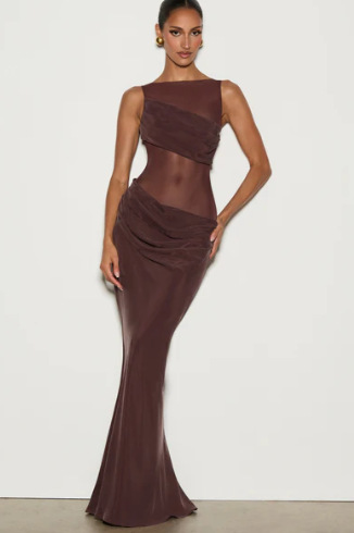Women's Solid Color Patchwork Slim Fit Dress - Sheer Draped Evening Gown For Sophisticated Style_ecoleips.com