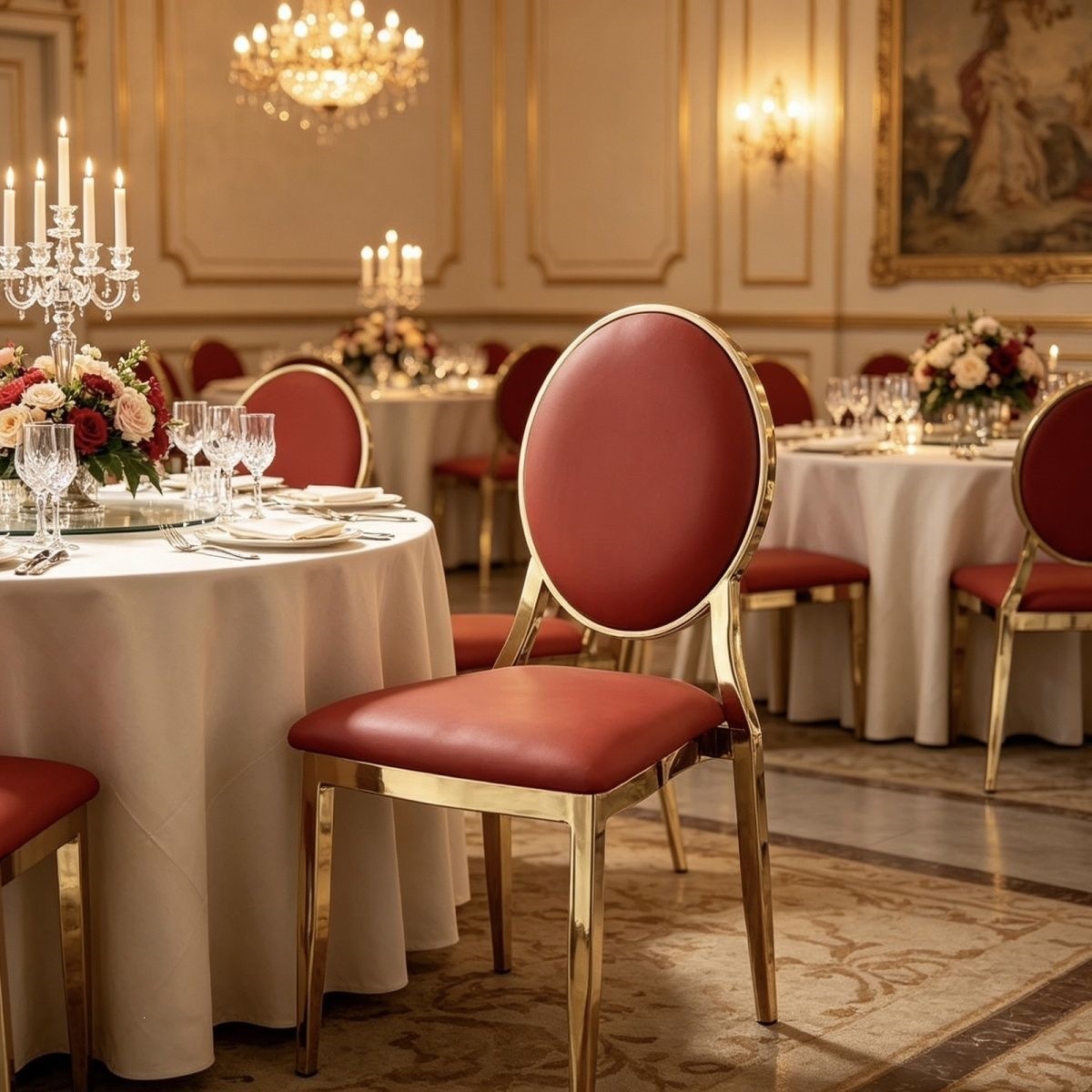 Light Luxury Round-Back Sun Dining Chair with Electroplated Gold Reinforced Frame, Simple Home-Use Chair with Backrest, Suitable for Hotel Banquet Halls and Meeting Areas