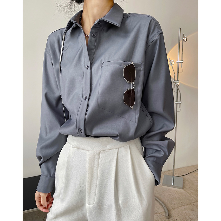 Spring new European and American trendy design latent solid color lapel shirt vertical loose thin casual jacket female