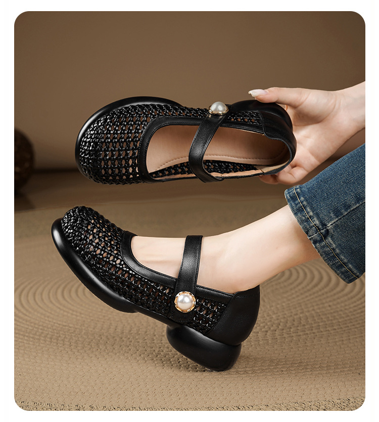 Sandal nữ da thật quai chữ V đan móc mũi kín đế mềm — màu be chi tiết 15