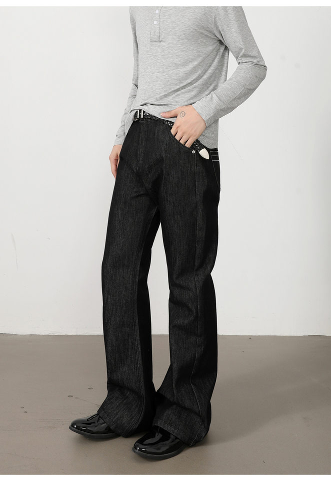Quần jeans nam denim thô ống loe nhẹ dáng rộng có thêu — Denim đen chi tiết 12