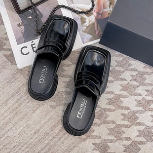Square Toe Loafers Small Leather Shoes for Women 2025 New Platform British Style Mid-Heel Slip-On Loafers Single Slippers Wholesale