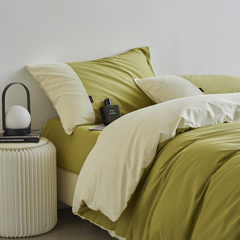 Pure Class A Brushed Color-blocked Set, Pure Cotton Duvet Cover, Bed Fitted Sheet, Thickened Bedding Four-piece Set_voghion.com