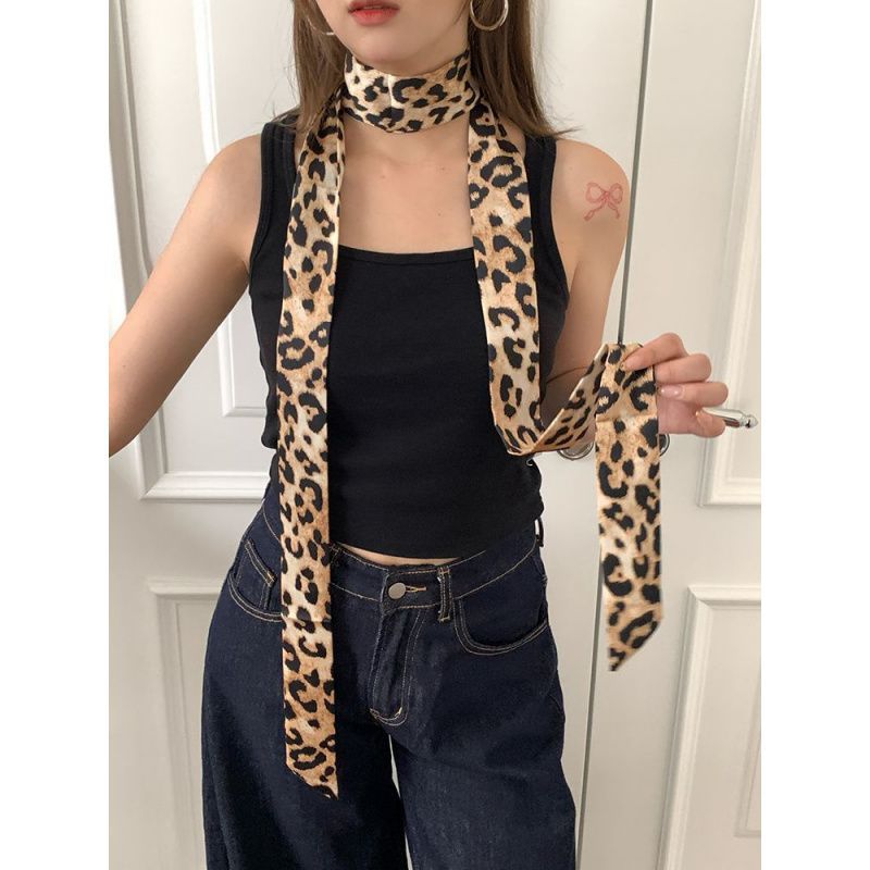 (2개) 레오파드 프린트 에스테틱 레트로 좁은 롱 스카프 여성 헤드밴드 실크 스카프 헤어타이 패션 디자인 스카프 벨트 액세서리