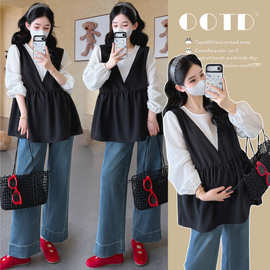 实拍2026春季新款孕妇韩版假两件拼接气质娃娃衫上衣
