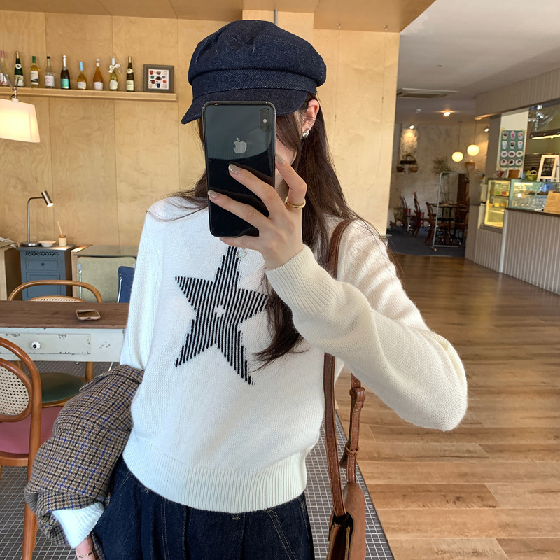 慵懒五角星印花圆领套头毛衣女秋季新款宽松长袖时髦针织衫上衣|undefined