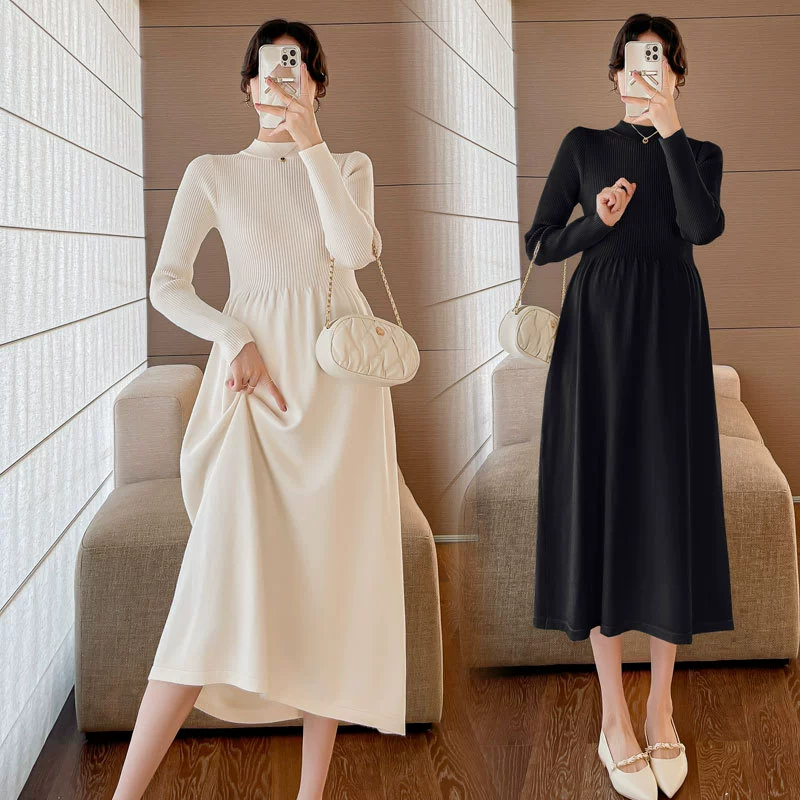 2023 Новый вязаный утолщенный свитер для беременных женщин, Осень-зима, свободное приталенное элегантное простое однотонное платье для беременных