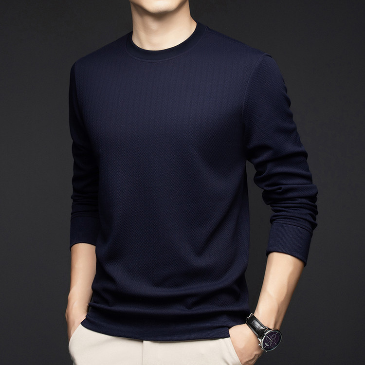 Jacquard Solid Color T-Shirt, Spring and Autumn Style, Middle-Aged Men's Casual Long-Sleeve Knit Sweatshirt, Breathable Base Layer Shirt for Men Jacquard Solid Color T-Shirt, Spring and Autumn Style, Middle-Aged Men's Casual Long-Sleeve Knit Sweatshirt, Breathable Base Layer Shirt for Men