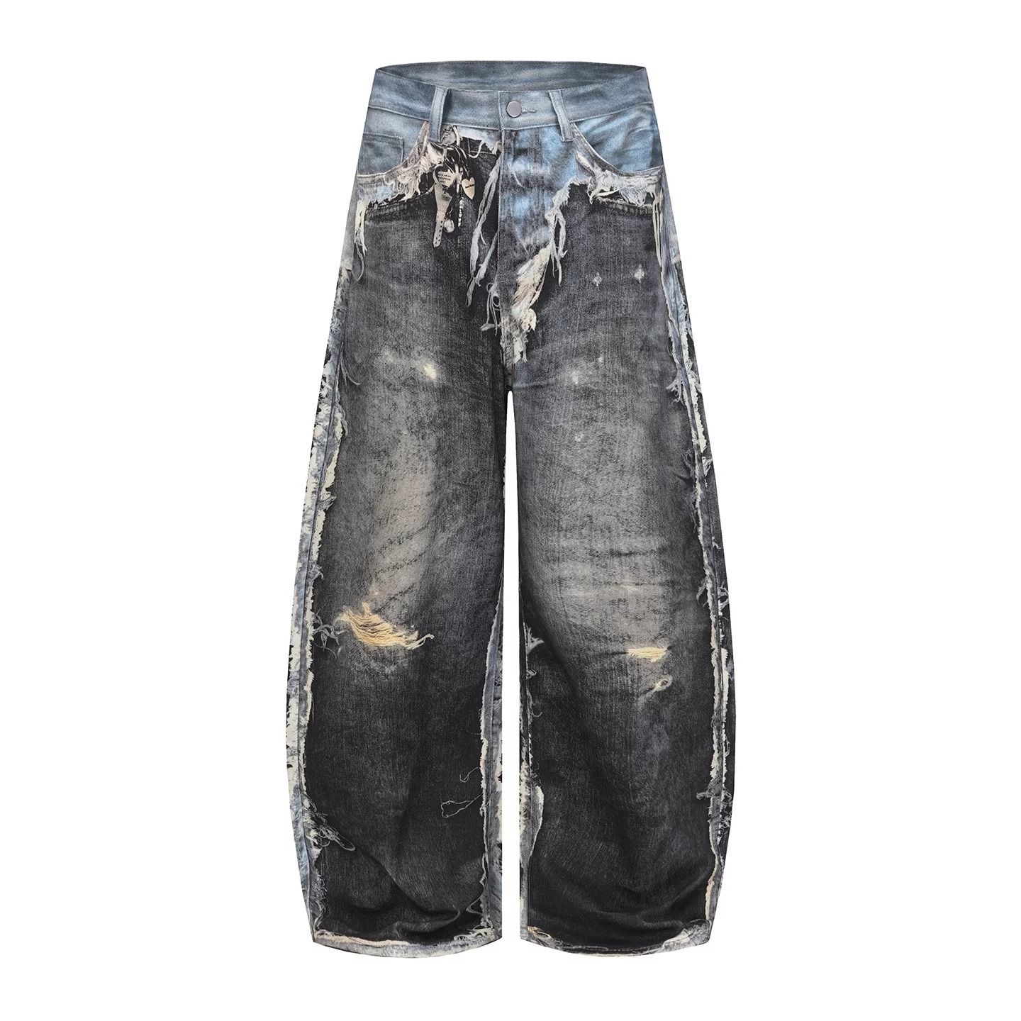 Vintage Distressed Patchwork Denim Pants – Oversized Wide-Leg Streetwear Jeans With 3d Print & Ripped Details (Unisex, Black, S-3xl)_mkmklike.com