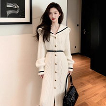 小香风白色海军领毛衣连衣裙女秋冬季加厚法式收腰打底针织长裙子