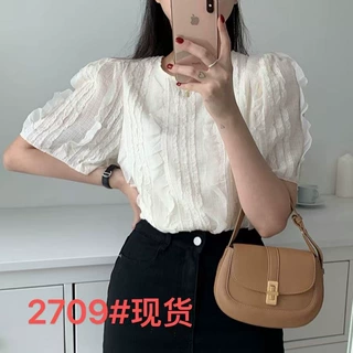 褶皱设计木耳边系带宽松衬衫
