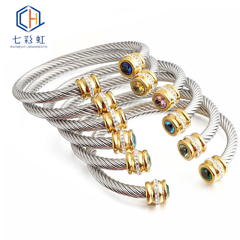 European and American Stainless Steel Wire Cable Bracelet for Women, Exquisite Zircon Inlaid, 18K Gold Plated Titanium Steel Bangle, Wholesale Twist Design