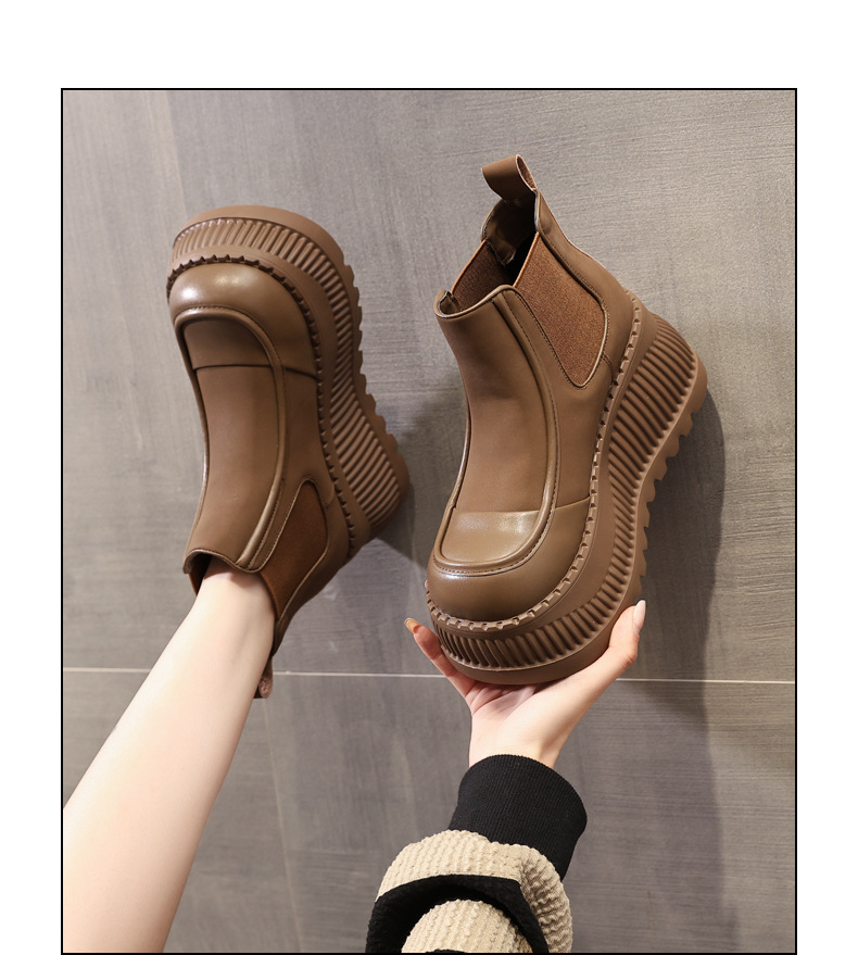 Boot Chelsea cổ thun đế dày tăng chiều cao nữ — Màu kaki lót nhung chi tiết 17