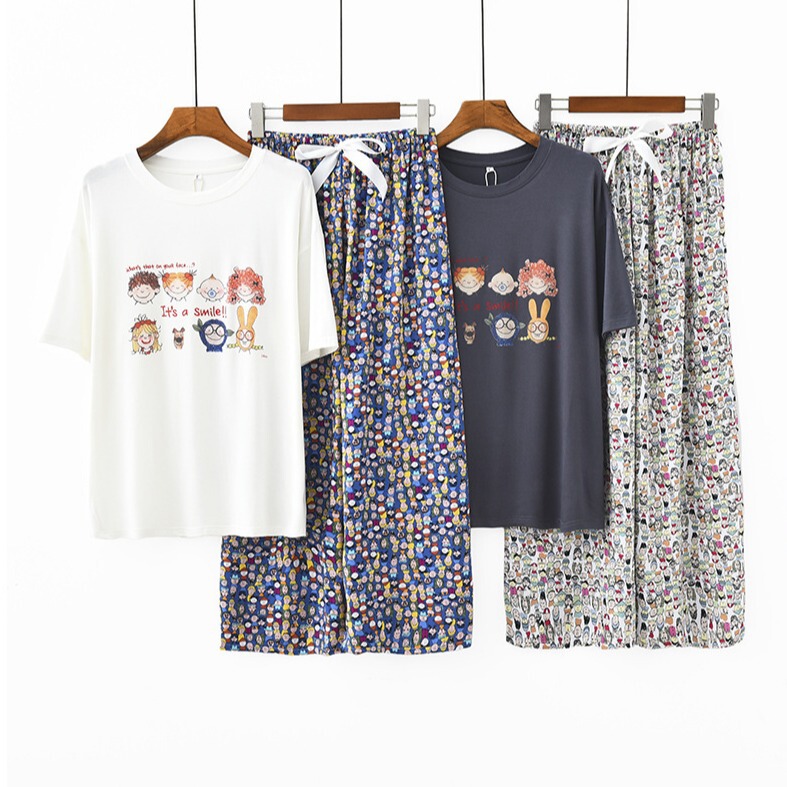 Modal Pajamas for Women Summer Casual Cute Round Neck Short-Sleeved Cotton Silk Nine-Point Pants Loose Home Wear Set Modal Pajamas for Women Summer Casual Cute Round Neck Short-Sleeved Cotton Silk Nine-Point Pants Loose Home Wear Set