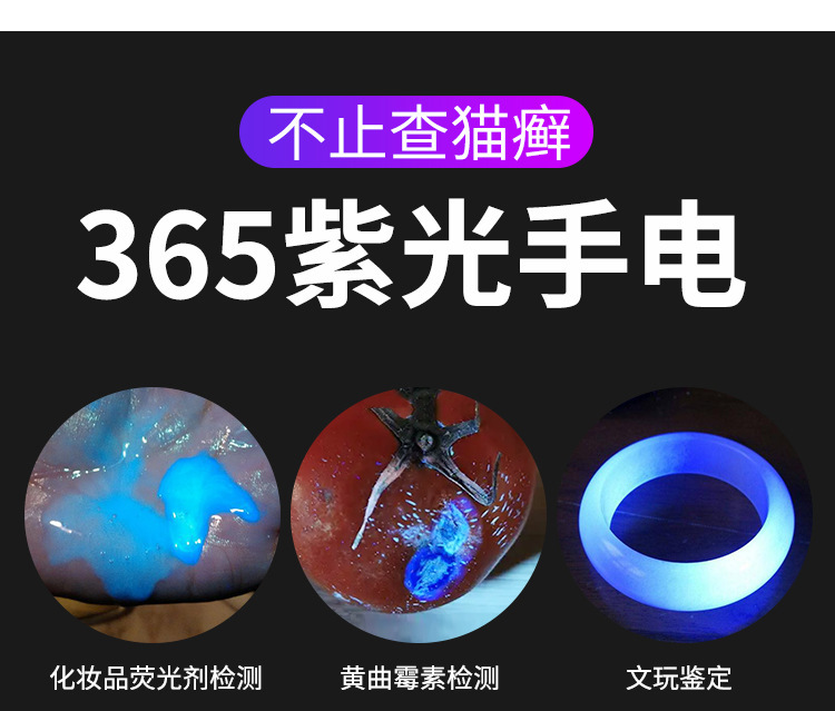 High-power Woods' purple flashlight 365nm UV identification tobacco and wine anti-counterfeiting fluorescent agent cat ringworm detection lamp