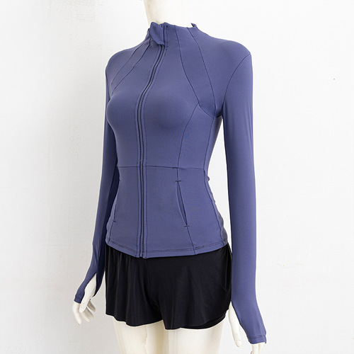 Cross-border simple self-cultivating yoga outerwear fitness long-sleeved top standing collar quick-drying sport suncoat tight-waisted