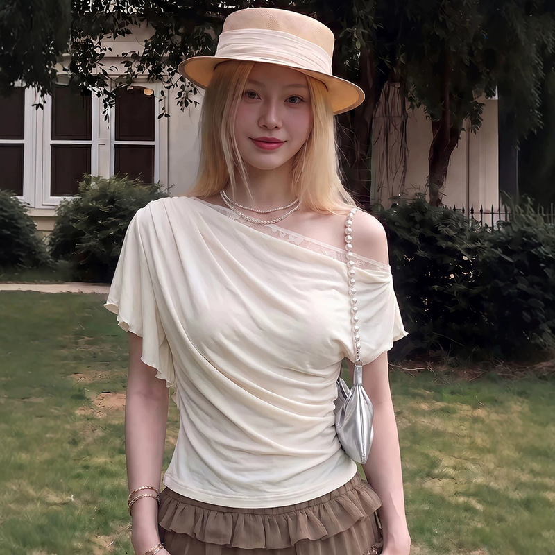 Korean Style Pure Desire Lace Patchwork One-Shoulder Short-Sleeve T-Shirt for Women, 2026 Summer New Slim-Fit Off-Shoulder Top