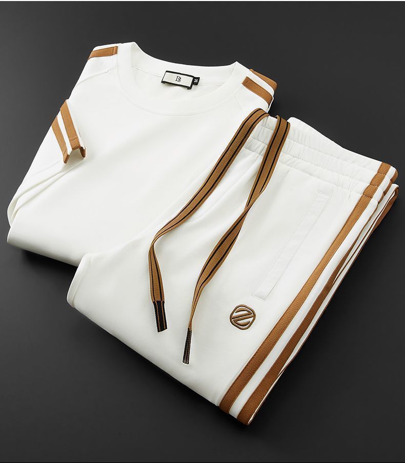 Lightweight Summer Men's 2-Piece Set Breathable Modal Cotton Short Sleeve T-Shirt & Straight Leg Pants With Minimalist Embroidery_viptrois.com