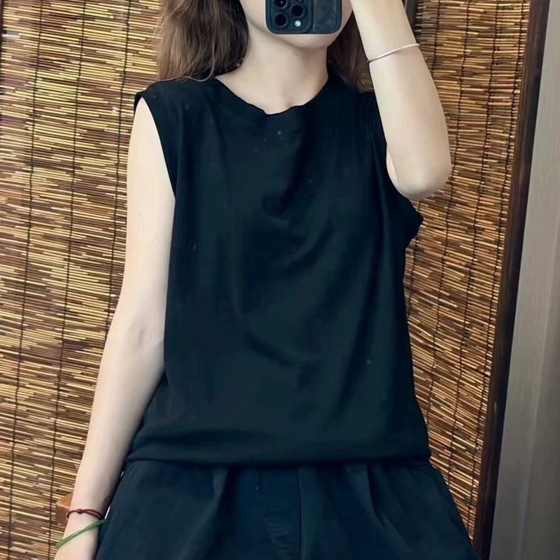 綿ルーズベストレディースアウター春夏ファットMM大きいサイズ痩身ラウンドネックノースリーブTシャツインナーレイヤリングトップ|undefined