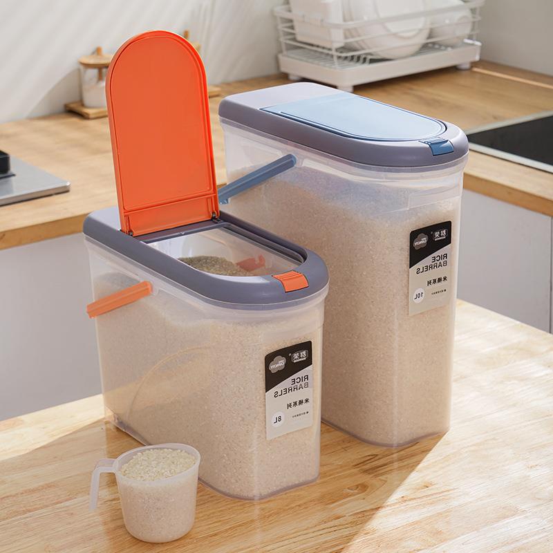 Kitchen plastic rice storage bucket household transparent rice cylinder with measuring cup narrow gap Japanese rice bucket moisture-proof and insect-proof rice box