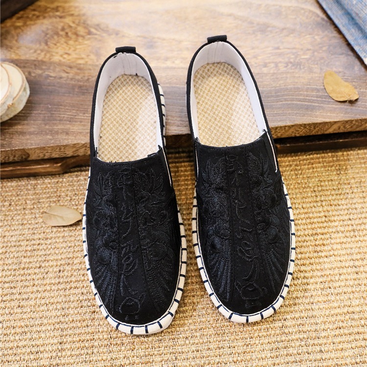 Summer Linen Low-top Round Head Casual Black Solid Color Embroidered Literary Monk Shoes Zen Shoes Kung Fu Shoes Men's Cloth Shoes Trendy
