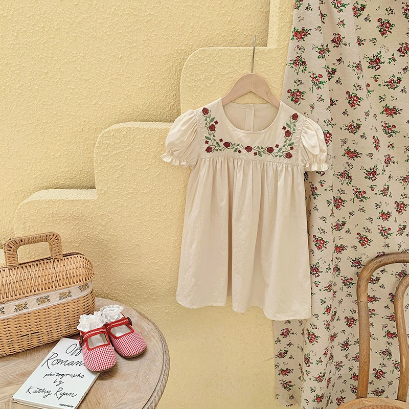 Summer dress, skirt girl's, french style, with embroidery, flowered, western style, with short sleeve