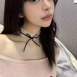 欧美甜酷辣妹蕾丝蝴蝶结choker女项链小众设计双层锁骨链颈链颈带