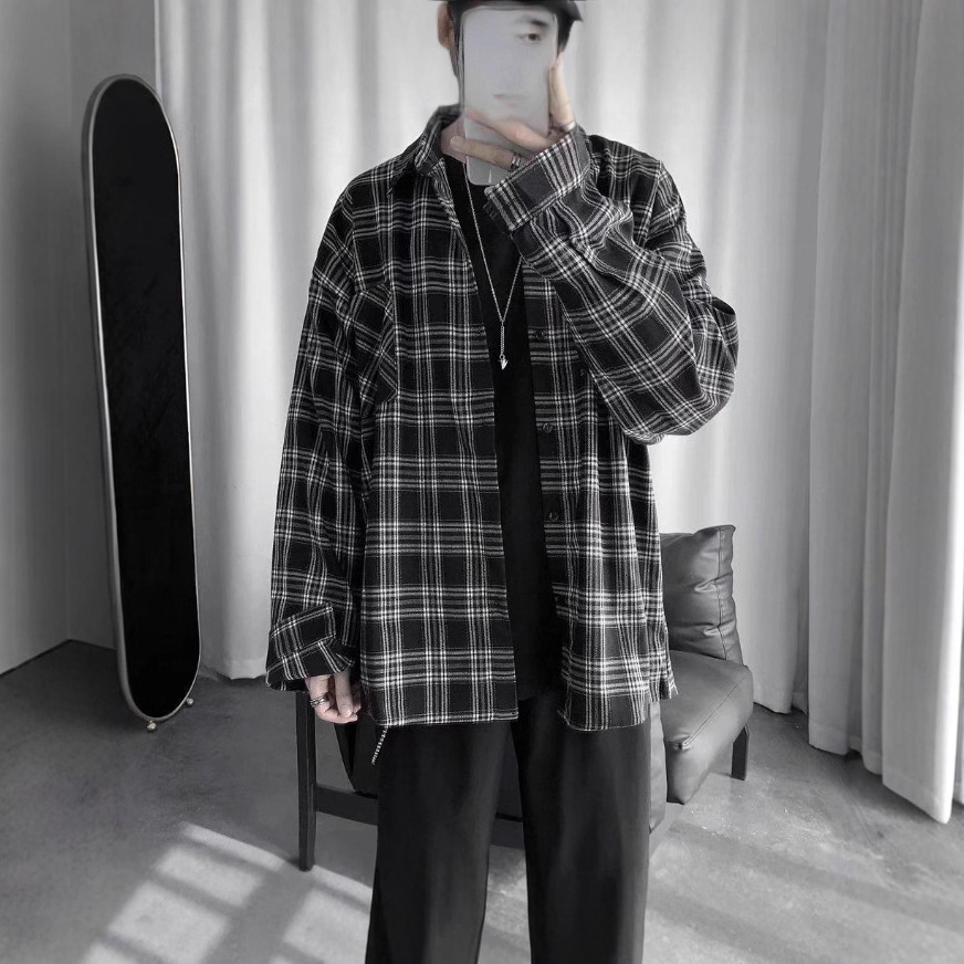 Plaid Shirt Men's Long-Sleeved Korean Style Trendyy Versatile Loose Top Spring and Summer New Hong Kong Style Casual Jacket Ins Trend