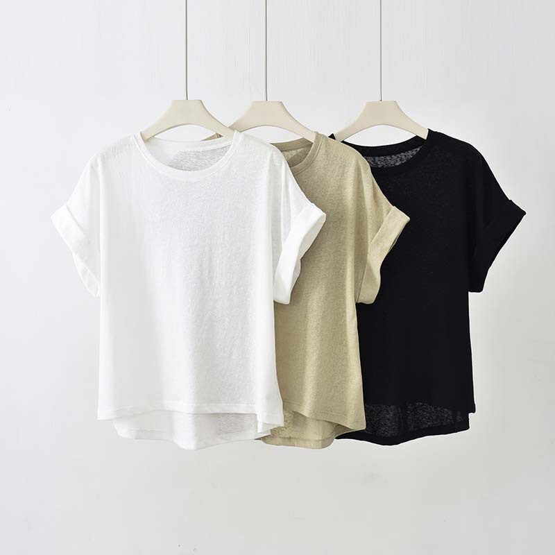 High-end Hemp Cotton Basic Comfortable Breathable All-match Flying Sleeve T-shirt for Women Summer Simple Solid Color Loose Casual Short Sleeve