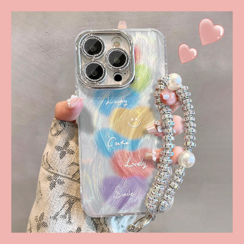 For Apple 15 Mobile Phone Case iphone14plus Love Smiley Bracelet 13pro Feather Yarn Lens Film X All-inclusive