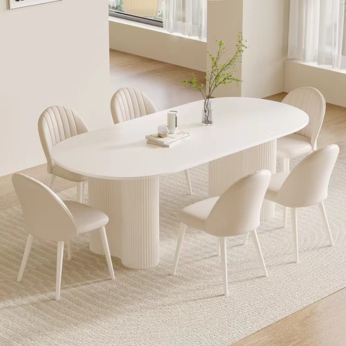 Luxury cream style rock board dining table modern simple home small apartment oval pure white dining table and chair set 