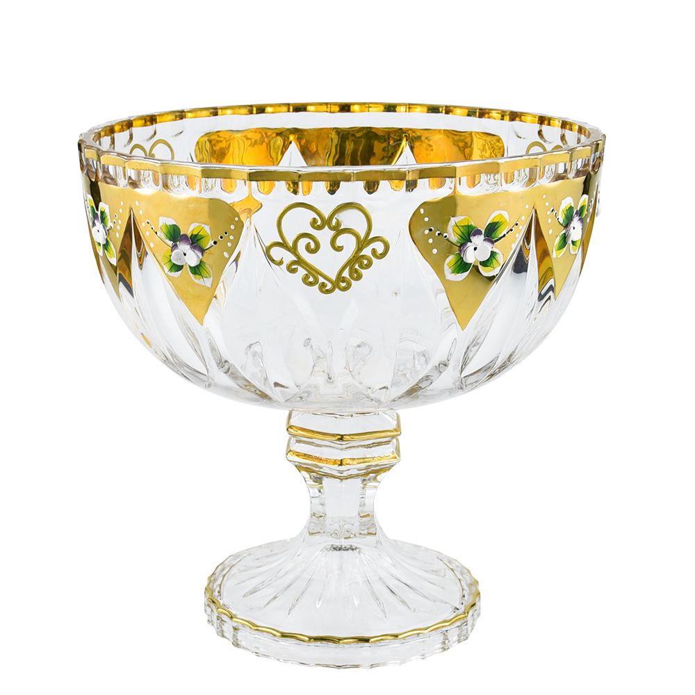 珐琅花描金线果斗捷克宫廷风高脚果斗轻奢复古大尺寸水晶玻璃果斗