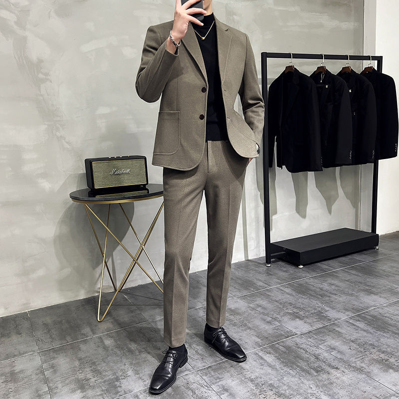 Spring and Autum Thickeneded Woolen Casual Suit Men's Suit Korean Style Slim British Style Handsome Suit Two-Piece Set for Men