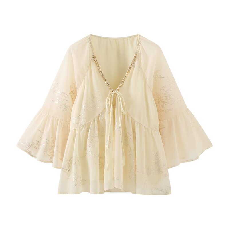 Taop&Za Women's Clothing 2026 Summer New Style French Elegant Chiffon Long-Sleeved Tie V-Neck Ruffle Sleeve Shirt