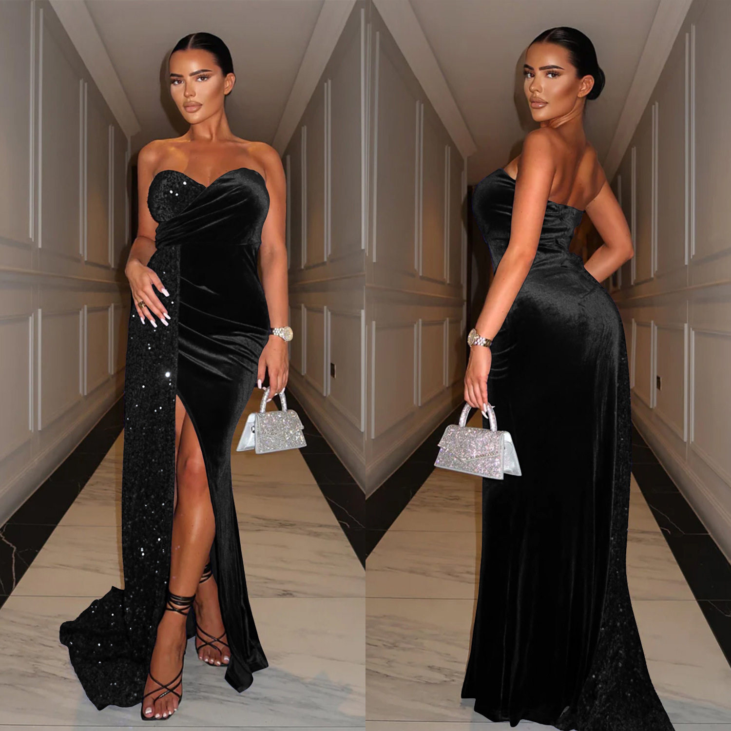C6712 transfronteriza AliExpress Amazon ropa de mujer de moda europea y americana sexy lentejuelas gran swing costura vestido de pecho envuelto image 3