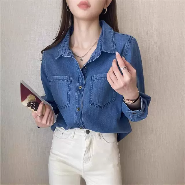 蓝色复古牛仔衬衫女秋冬季2025年新款宽松百搭叠穿保暖衬衣外套潮