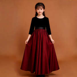 大合唱团女童高端礼服公主裙长袖拼色收腰大摆蓬蓬裙钢琴演出服