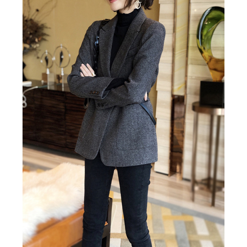 In-Stock Manufacturer Wholesale Herringbone Pattern Mid-Length Blazer, New Spring and Autumn Woolen Blazer Jacket In-Stock Manufacturer Wholesale Herringbone Pattern Mid-Length Blazer, New Spring and Autumn Woolen Blazer Jacket