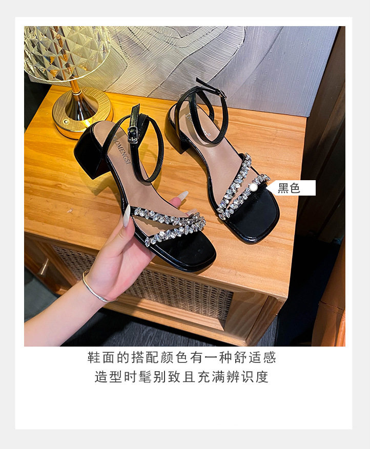 Sandal nữ gót thô 5 cm hở mũi đính đá kiểu Pháp — Màu bạc, Màu mơ, Màu đen chi tiết 8
